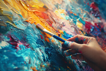 Artist's hand painting colorful canvas