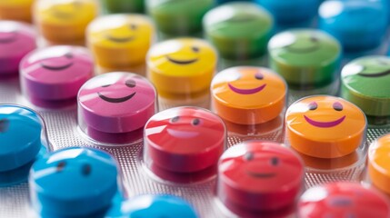 Colourful Smiley-Faced Pills in Blister Packs Depicting Cheerful Medication Concept - obrazy, fototapety, plakaty