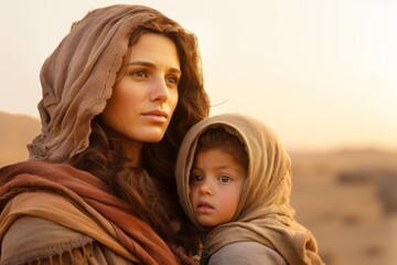 A Bedouin mother in her 30s, with her child on her lap, both wearing pastel brown, looking off into the distance, with the desert stretching out behind them
