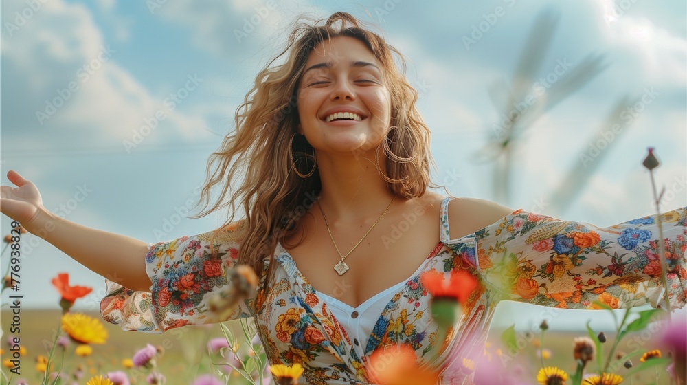 Wall mural plus size model It was natural in her movements. Enjoy dancing in fields of various kinds of flowers.