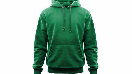 Green hooded sweatshirt. Men's long sleeve hoodie isolated on white background. - obrazy, fototapety, plakaty