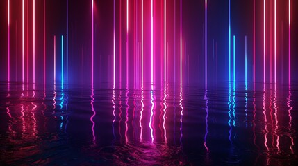 A nocturnal scene with a deep neon backdrop and shimmering reflections on the water, featuring abstract vertical lines in a 3D illustration.