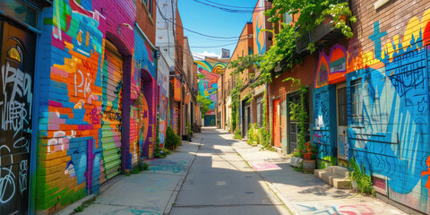 Naklejka premium Colorful Graffiti Adorning Buildings in a Narrow Alleyway in Toronto, Ontario, Canada