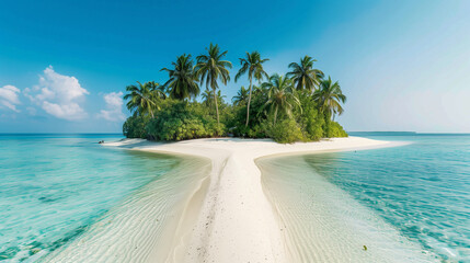 white sandy pathway leading to a lush green island with palm trees, surrounded by clear blue waters under a clear sky