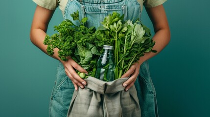 A woman's hands hold a biodegradable bag of leafy greens and a refillable water container, promoting a zero waste and environmentally conscious lifestyle. - obrazy, fototapety, plakaty