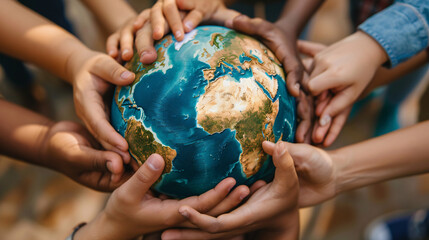 close up group of children holding hands and forming a circle around a globe,earth Day or enviroment protection help save the world.
