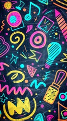 Naklejka premium A blackboard filled with vibrant and playful doodles in celebration of Teachers Day, showcasing a Pop Art style. Neon color wallpaper.