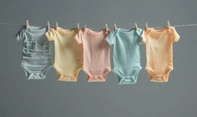 Baby clothes in pastel shades, against gray