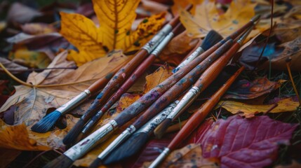 A pile of paintbrushes on a leafy ground