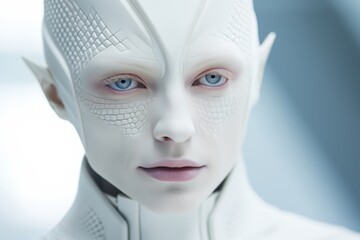 
Close-up photo of a middle-aged albino woman, depicted as a futuristic leader, exuding confidence and authority in her demeanor