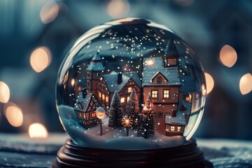 a snow globe with a snow globe and a snow covered village - obrazy, fototapety, plakaty
