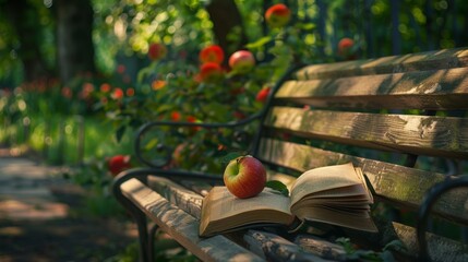 A bench with an open book and an apple on it