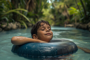 Boy Relaxing in Tropical Pool with Inner Tube. A young boy enjoys a peaceful float in a pool, surrounded by lush tropical foliage.