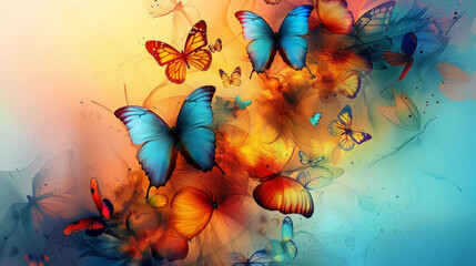 A colorful butterfly painting with three blue butterflies and two orange butterflies. The...