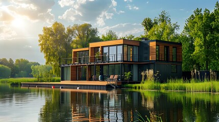 Eco-Friendly Container Home: Modern Living by the Lake on a Sunny Day