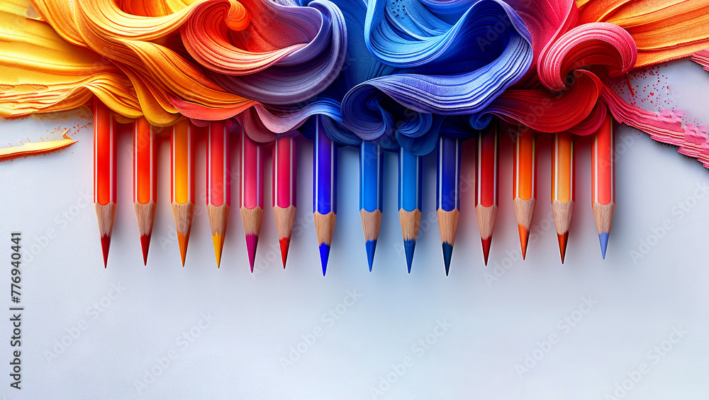 Poster a row of colored pencils are lined up on a white background. the pencils are of different colors and