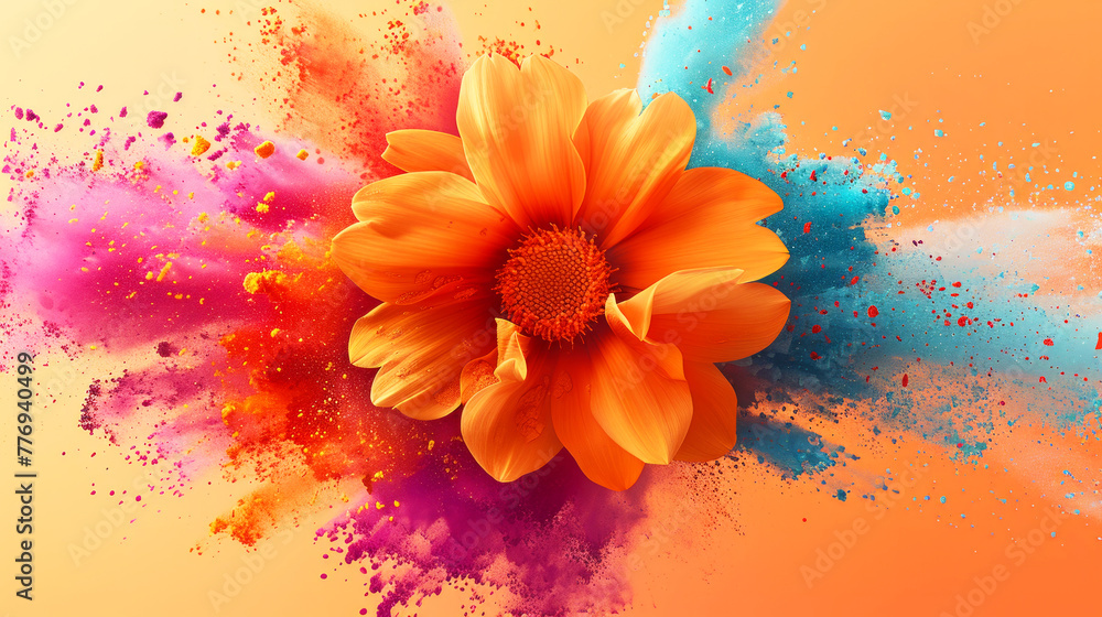 Wall mural A colorful flower with a splash of color. The flower is orange. a vibrant and lively feel to it. light orange background, in the middle of an explosion of colored powder there is a orange flower