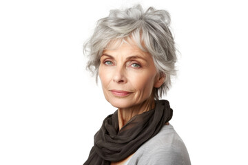 Fototapeta premium Studio portrait of a beautiful old mature Caucasian Americana woman in casual look with an attractive smile, isolated on transparent png background.