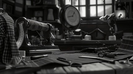 a tailor's workshop with black and white details, where traditional tailoring tools such as tape measure and scissors are available. - obrazy, fototapety, plakaty