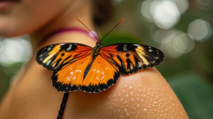 A woman is holding a butterfly on her shoulder - obrazy, fototapety, plakaty