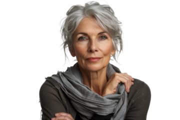 Studio portrait of a beautiful old mature Caucasian Americana woman in casual look with an attractive smile, isolated on transparent png background.