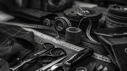 a tailor's workshop with black and white details, where traditional tailoring tools such as tape measure and scissors are available. - obrazy, fototapety, plakaty