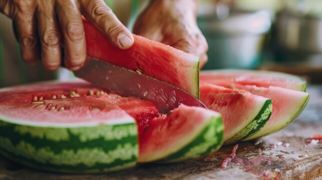 A person is cutting a watermelon on a cutting board