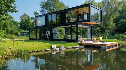 Lakefront Container Home: Sustainable Eco-Friendly Dwelling, Modern Shipping Container House Near Water