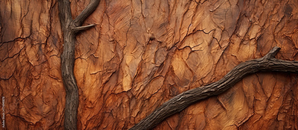 Poster detailed view of a tree trunk showcasing a branch attached to it in a natural outdoor setting