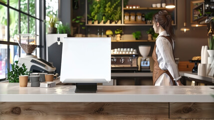 Blank screen of a ordering and payment pos on coffee shop cashier countertop with barista and espresso making machine in background. 3D render - obrazy, fototapety, plakaty