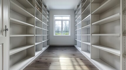 A Spacious Pantry's Interior with Pristine White Shelves Set Above Luxurious Dark Wood Floors