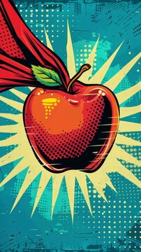 An apple adorned with a red cape, evoking a superhero theme in a Pop Art style for Teachers Day celebration. Wallpaper.