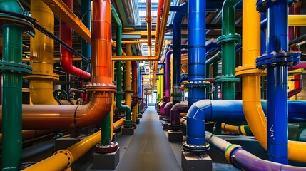 industrial installation with many gas pipes of various colours  - obrazy, fototapety, plakaty