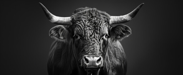 Powerful Bull Portrait: Stock Image of Horned Beast in Monochrome - obrazy, fototapety, plakaty