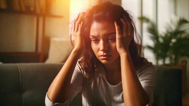 girl headache or migraine pain suffering from vertigo ,sick woman,stressed