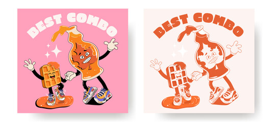 Set of fast food retro posters or cards with walking funny cute comic characters 60s-70s. Lettering illustration for t-shirt print. Mascots for restaurant. Waffles maple syrup, monochrome red palette