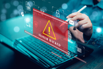 programmer using laptop with triangle caution warning sign for notification error system , hacker...
