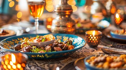 Fototapeta na wymiar Festive Iftar Party Table for Ramadan Kareem. 2024 Concept