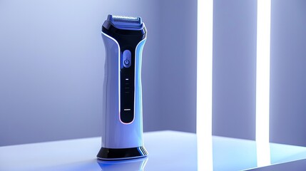 product design photography of a shaver,  blue led, studio lighting, simple white background