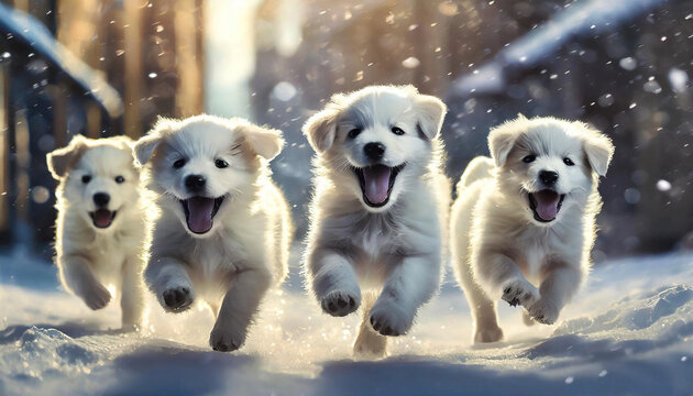puppies running in the city's snow fields