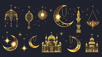 Obraz na płótnie Canvas Gold Half Moon Ramadan Kareem Vector Set. 2024 Concept