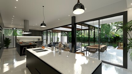 Contemporary kitchen and open plan living room with garden aspect - obrazy, fototapety, plakaty