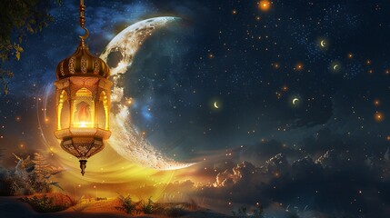 Golden Moon and Lantern Ramadan Kareem Illustration. 2024 Concept - obrazy, fototapety, plakaty