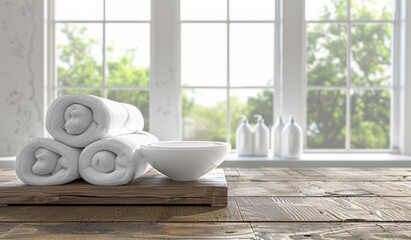 Fototapeta na wymiar Modern Home Decor Style Blurred Bathroom Interior with White Towels