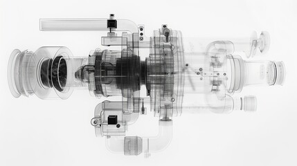 X-ray image of a water pump in black and white style, layered composition, white background