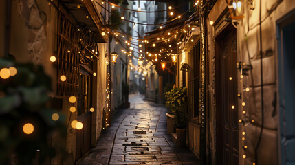 Charming Alley with String Lights at Night, Romantic Vintage Setting - Powered by Adobe