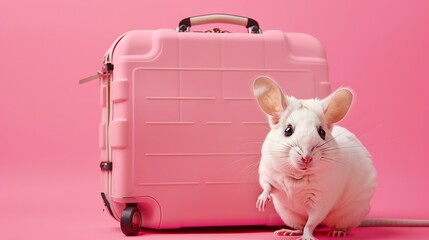 Cute white chinchilla with a pink suitcase on a pink background