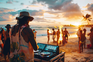 Beach party with DJ mixing music at sunset