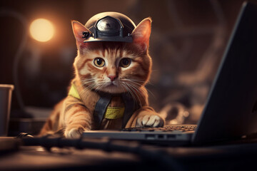 A cat is using a laptop while donning a hard hat.