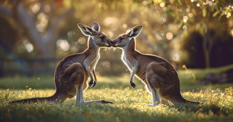 Affectionate Kangaroo Pair: Romantic Encounter in Australian Wilderness - obrazy, fototapety, plakaty